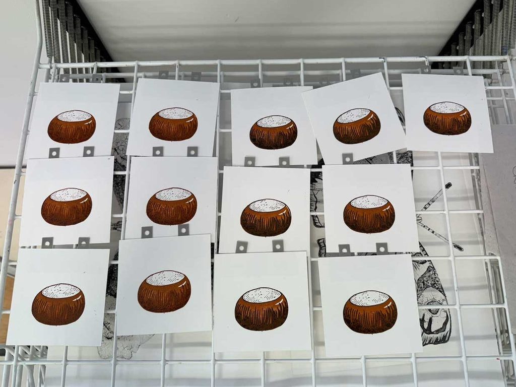 Drying prints for the Champion Conker relief print