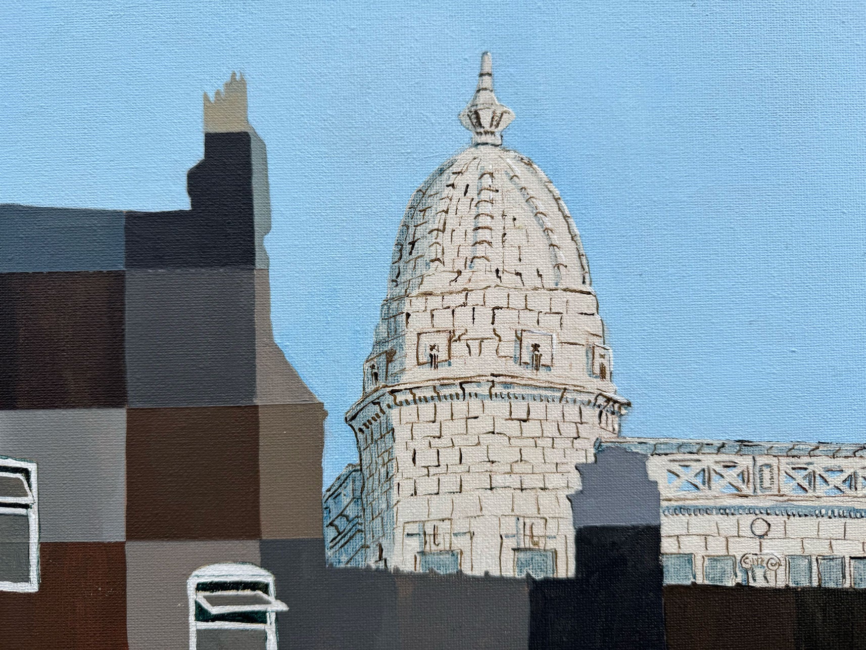 Detail of white tiled dome from original acrylic urban landscape painting outside Spode Potteries in Stoke-on-Trent.
