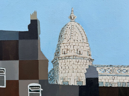 Detail of white tiled dome from original acrylic urban landscape painting outside Spode Potteries in Stoke-on-Trent.
