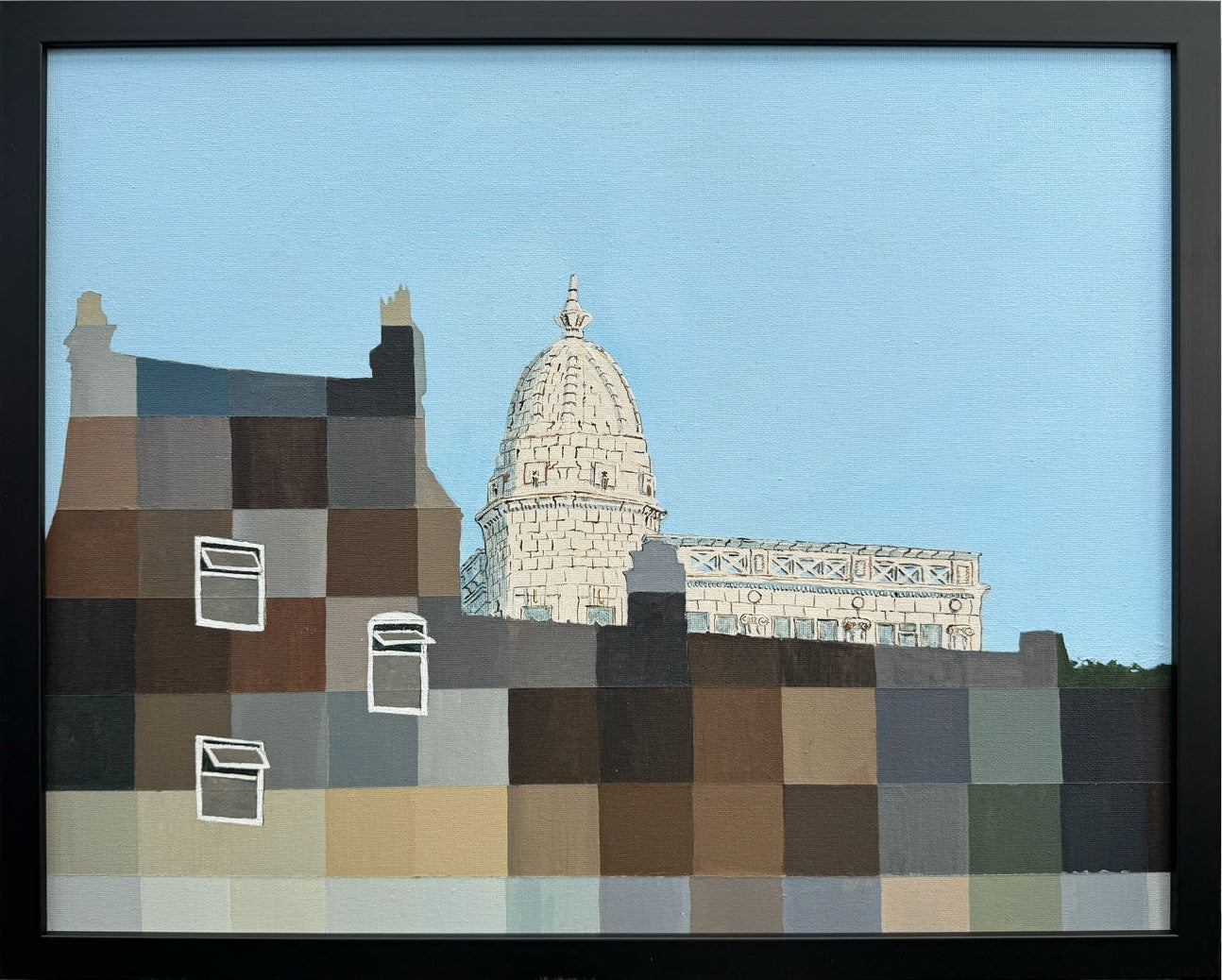 Original acrylic urban landscape painting outside Spode Potteries of terrace houses and white tiled dome in Stoke-on-Trent. Painting is in a black frame.