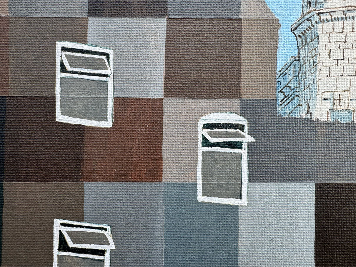 Detail of terrace house window from original acrylic urban landscape painting outside Spode Potteries in Stoke-on-Trent.