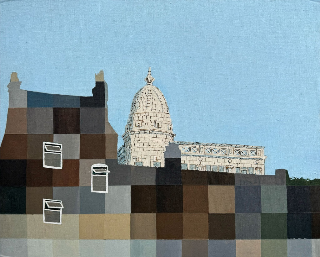 Original acrylic urban landscape painting outside Spode Potteries of terrace houses and white tiled dome in Stoke-on-Trent.