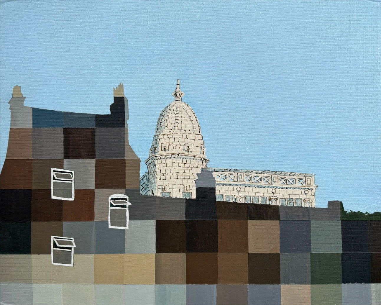 Original acrylic urban landscape painting outside Spode Potteries of terrace houses and white tiled dome in Stoke-on-Trent.