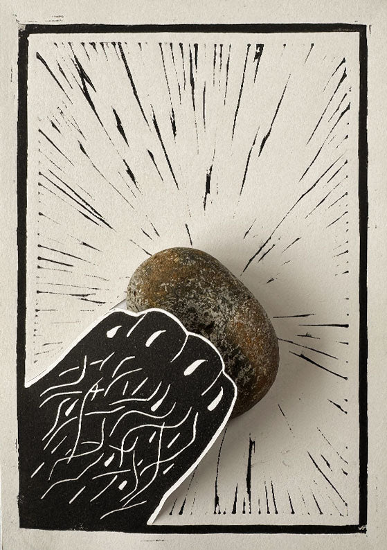 Framed A5 hand-printed black lino print 'Otter Paw' with a real unique stone.