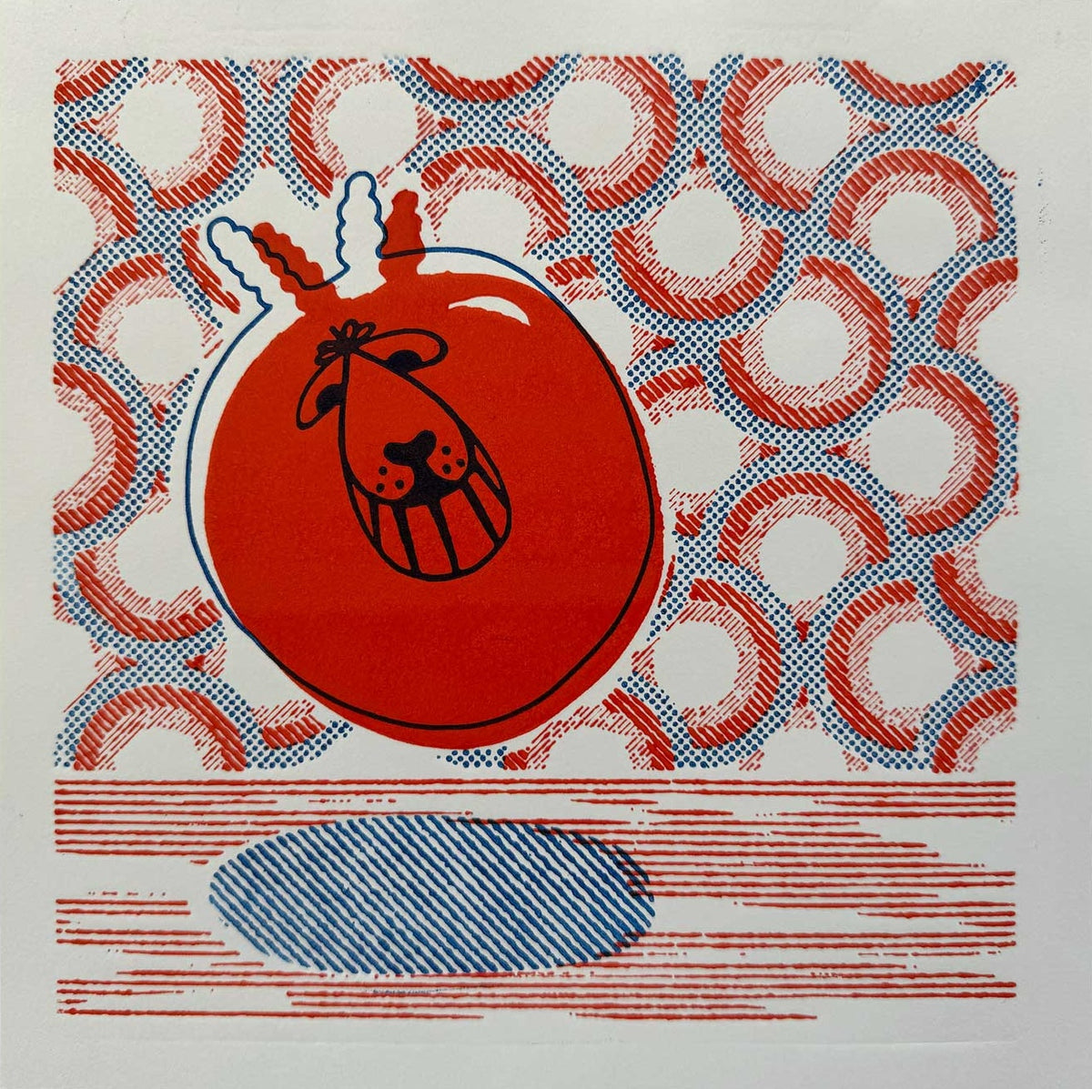 Unframed Space Hopper orange and blue hand-printed relief art print