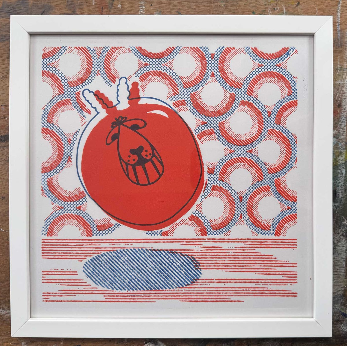 Framed Space Hopper orange and blue hand-printed relief art print 